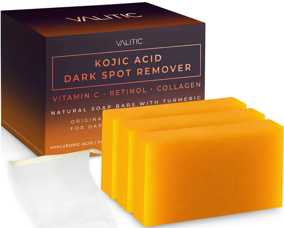 Valitic Unisex Dark Spot Corrector Bar, 100g - Exfoliating, SLS and Paraben-Free Turmeric Soap for Skin Tone Correction, Vitamin C, Retinol and Collagen Blend 3 Pack + Bag