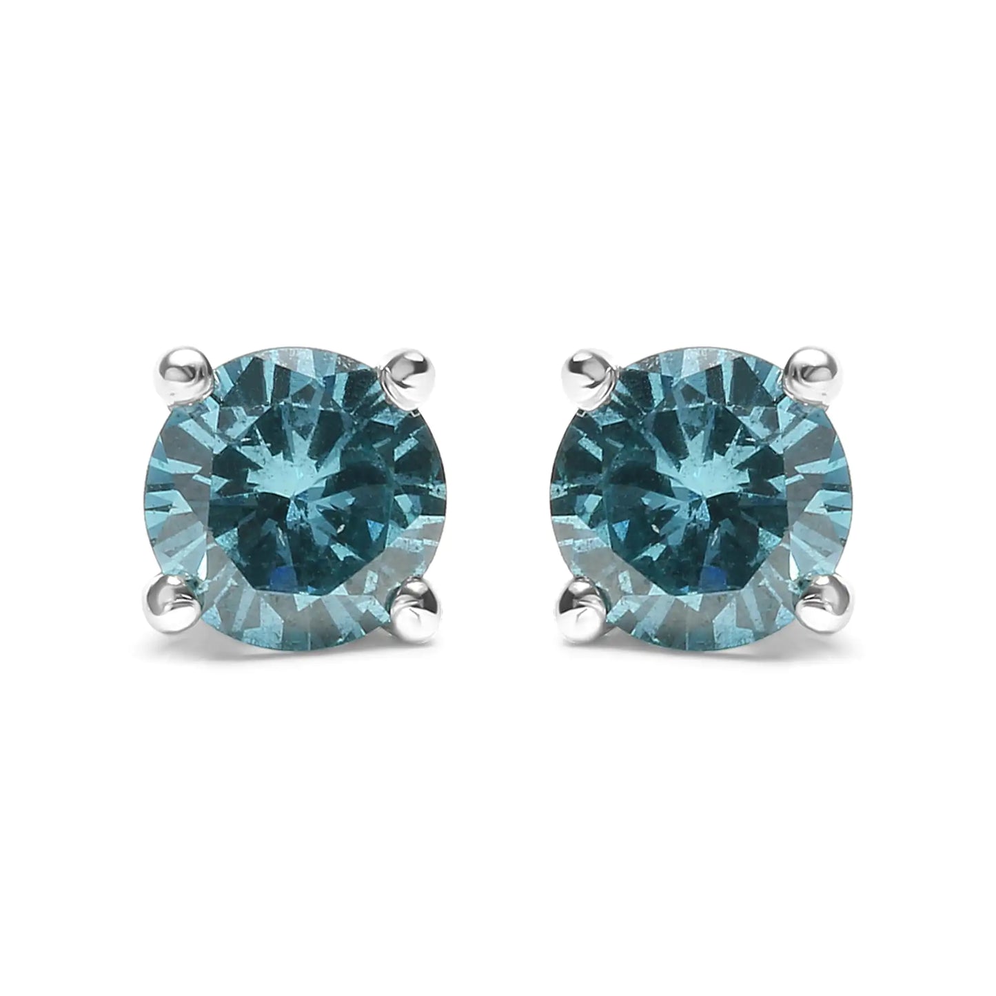 14K Gold 1/2 Cttw Aqua Blue Diamond Screw-Back 4-Prong Classic Stud Earrings (Color Treated, I2-I3)