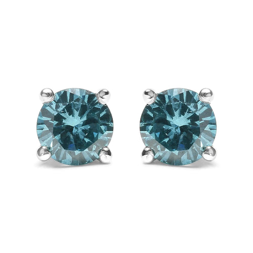 14K Gold 1/2 Cttw Aqua Blue Diamond Screw-Back 4-Prong Classic Stud Earrings (Color Treated, I2-I3)