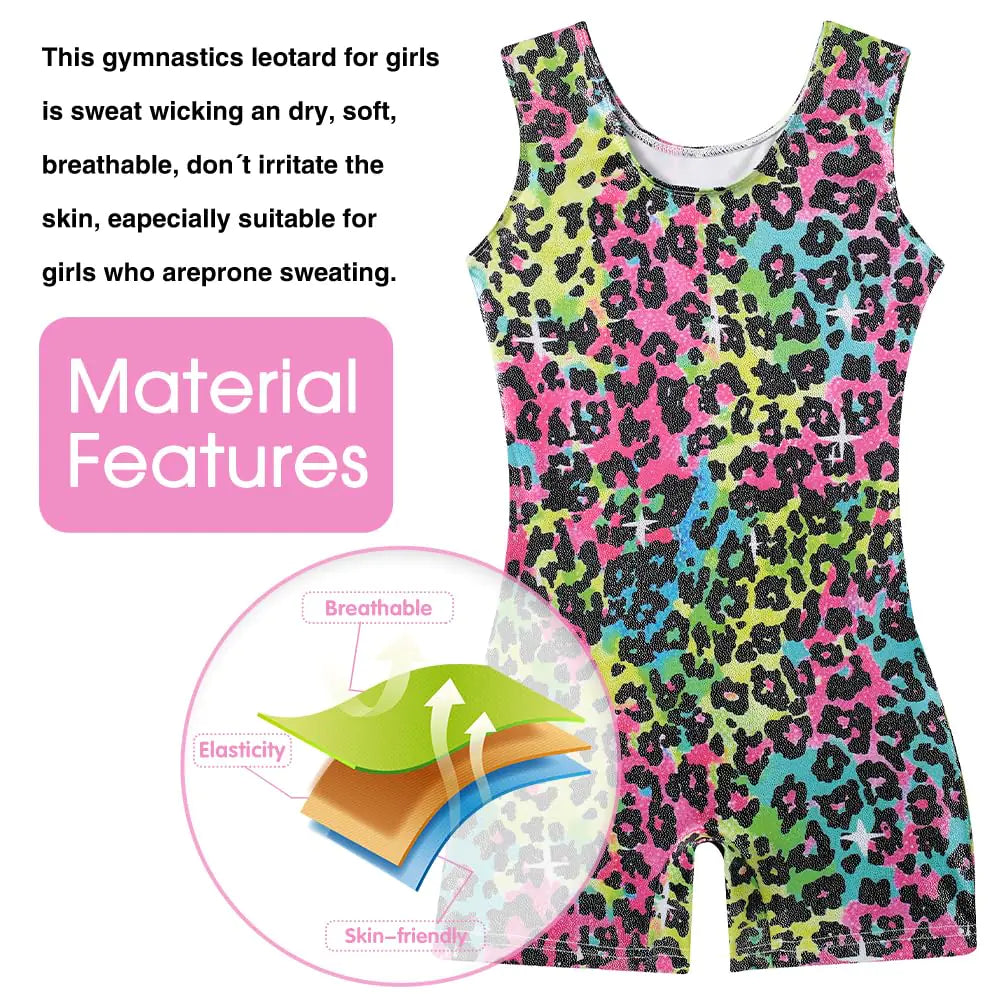 uideazone Gymnastikkdrakter for jenter Biketards Sparkly Tank Ballett Unitard med shorts Hurtigtørrende endelt antrekk 2-9 år Fargerik leopard 55 7-8 år