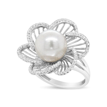 14K White Gold 11mm Round Pearl and 1/3 Cttw Round Diamond Openwork Flower Blossom Ring (H-I Color, VS1-VS2 Clarity)