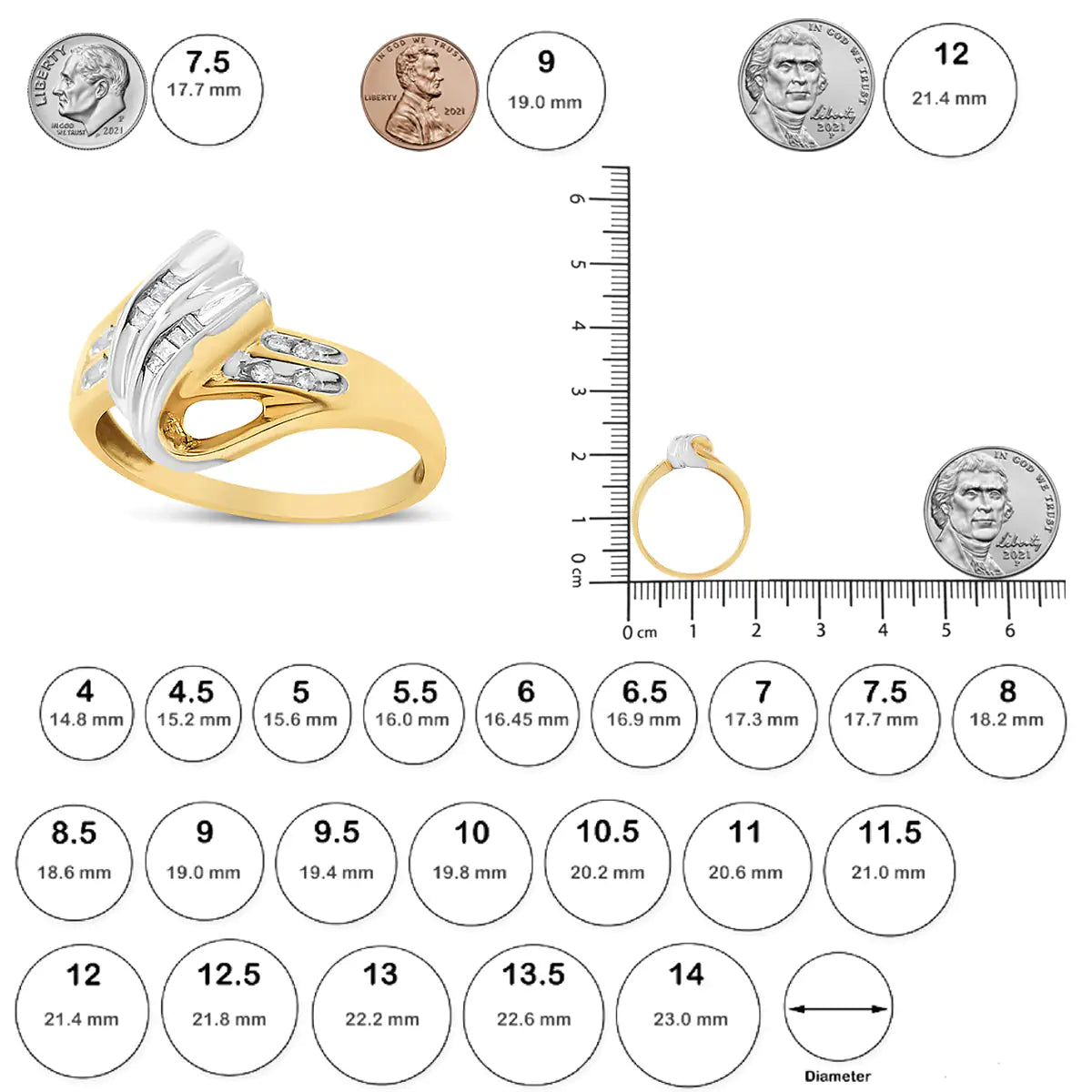 10K 黄金和白金 1/10 克拉长方形和圆形切割钻石旁路戒指（I2 颜色、HI 净度）