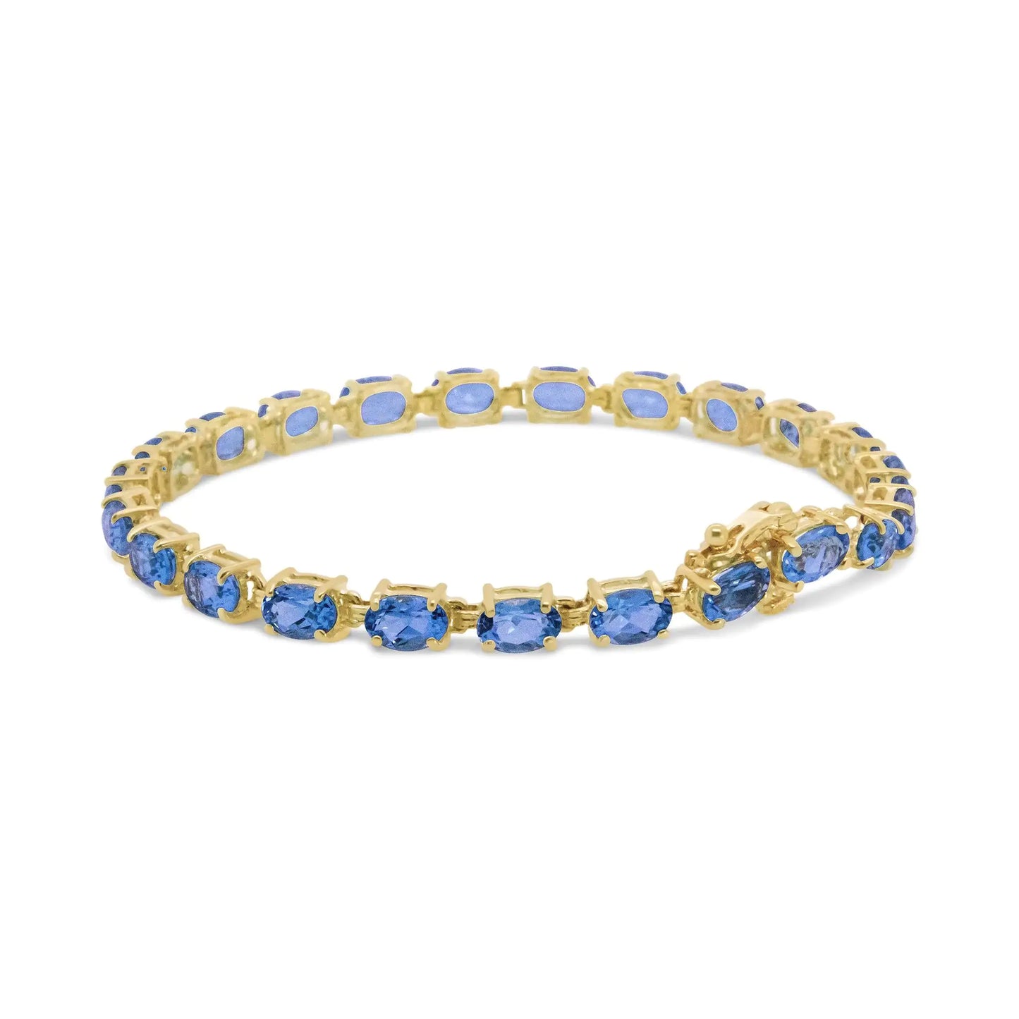 10K Yellow Gold and 4 Prong Set 6X4 MM Blue Topaz Link Tennis Bracelet - Size 7 Inches