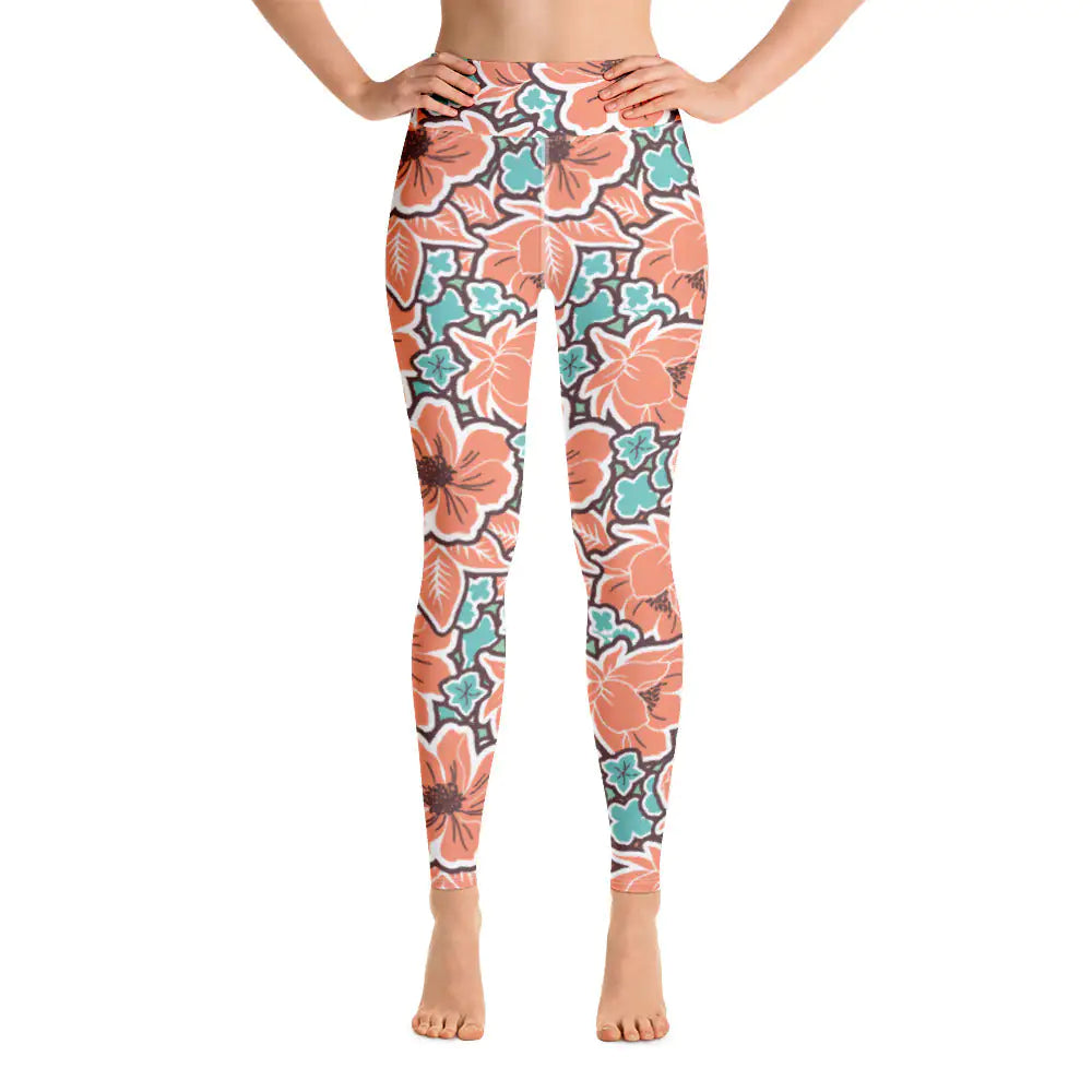 Leggings de yoga con estampado floral rojo tropical para mujer