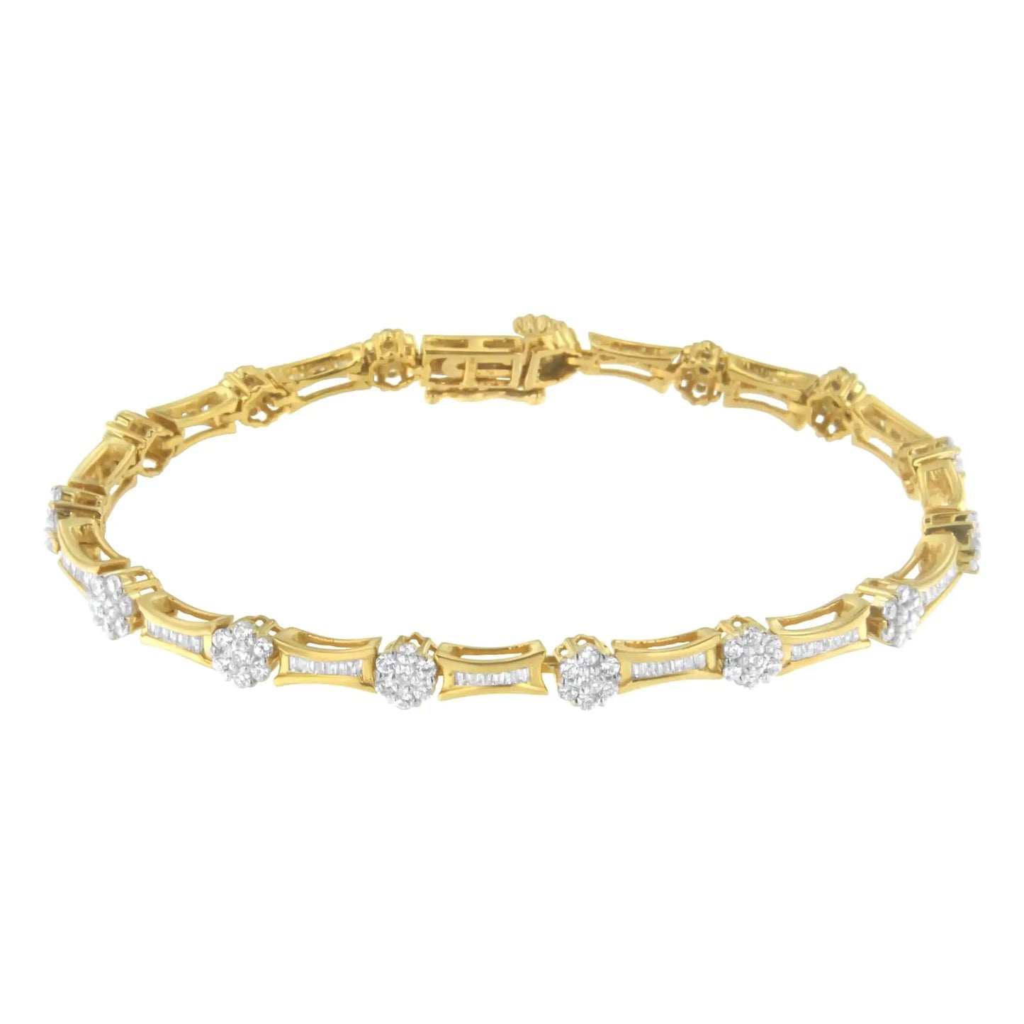 Pulsera de oro amarillo y blanco de 10 quilates con eslabones de diamantes redondos y talla baguette de 2,00 cts (color IJ, claridad I2-I3) - Talla 7,25"