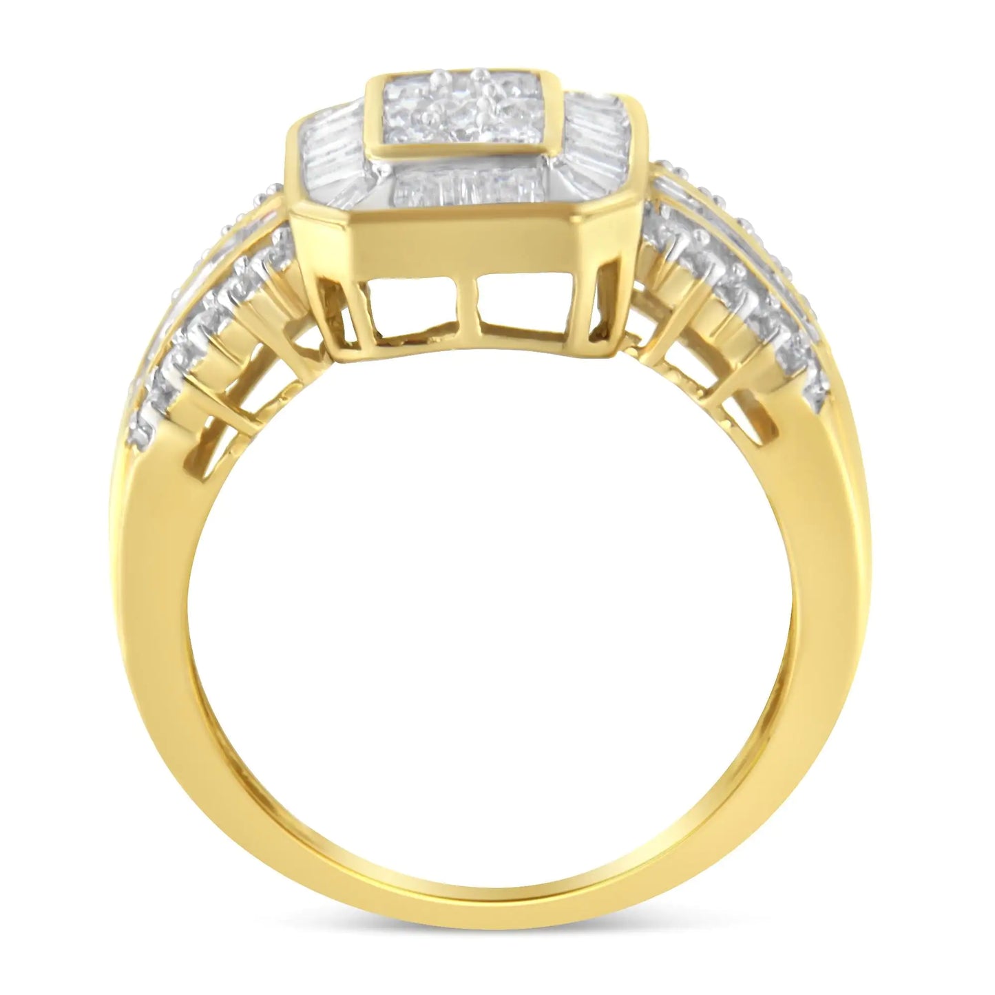 Anillo de cóctel de oro amarillo de 10 quilates con diamantes redondos y talla baguette (1,0 ct, color HI, claridad SI2-I1)