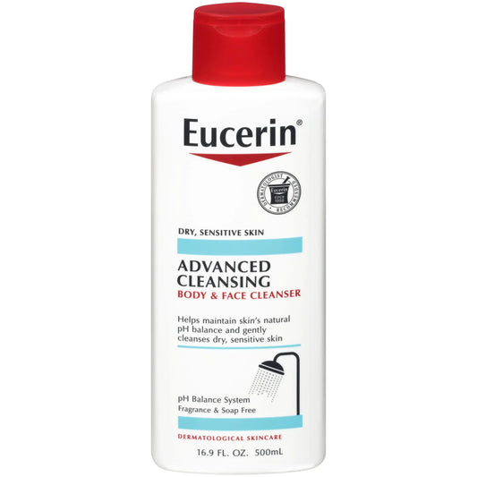 Eucerin Advanced Cleansing Body and Face Cleansing, gel de baño suave con pH equilibrado para piel normal a seca y sensible, sin jabón, fragancias, colorantes ni parabenos, botella de 500 ml. Eucerin Gentle Cleansing Wash