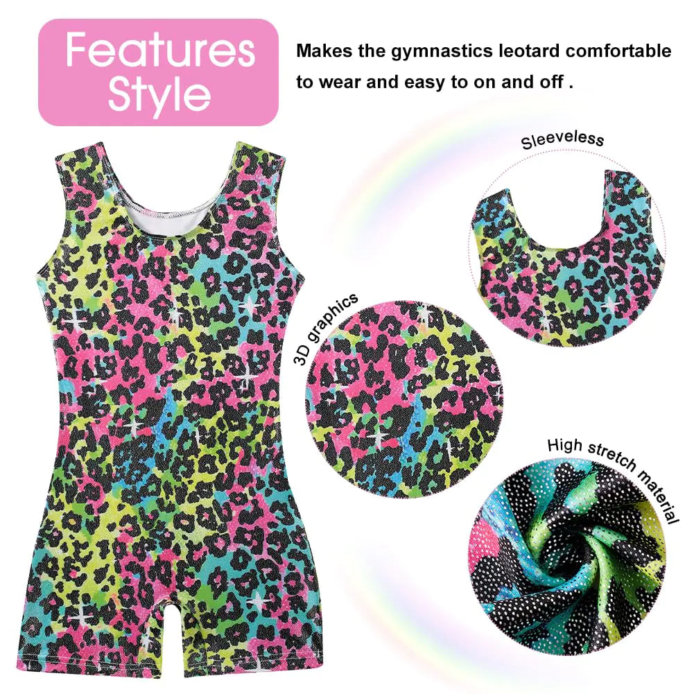 uideazone Gymnastikkdrakter for jenter Biketards Sparkly Tank Ballett Unitard med shorts Hurtigtørrende endelt antrekk 2-9 år Fargerik leopard 55 7-8 år