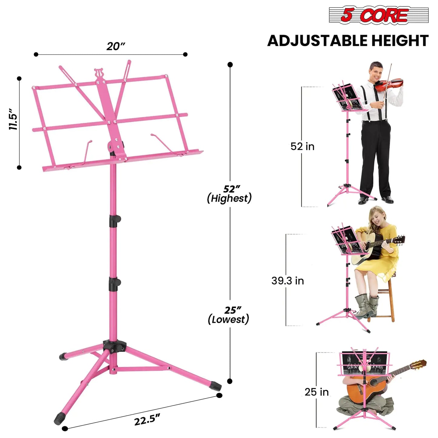 Soporte de Música 5Core para Partituras, Portátil com Tripé Ajustável e Dobrável, Soporte para Notas na Cor ROSA