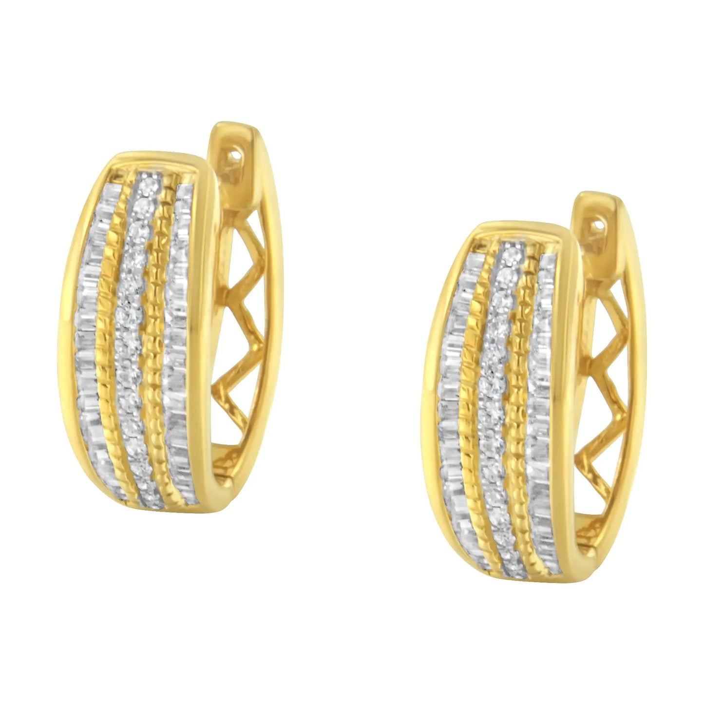 Aros modernos de oro amarillo de 10 quilates con diamantes engastados en pavé y canal de 3/4 quilates (color IJ, claridad I2-I3)