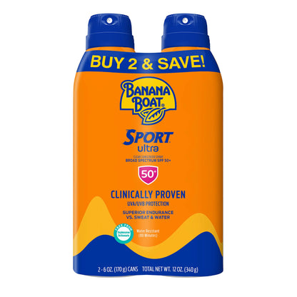 Polvo mineral Hawaiian Tropic con brocha y protector solar en aerosol FPS 30 y protector solar en aerosol ultra resistente al agua Banana Boat Sport FPS 50 (paquete doble). Polvo cosmético + protector solar en aerosol FPS 50.