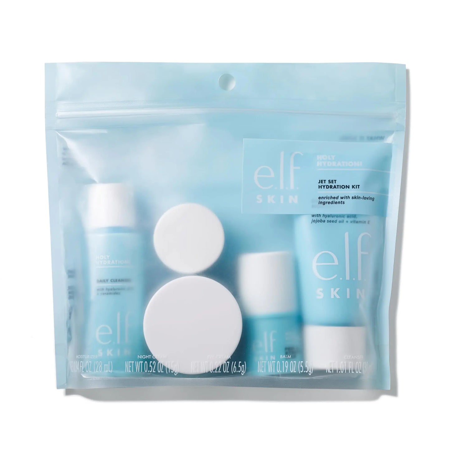 Kit de hidratación Jet Set de Elf, set de cuidado facial hidratante para viajes, incluye limpiador facial, bálsamo, crema hidratante, contorno de ojos y crema de noche. Vegano y sin crueldad animal.