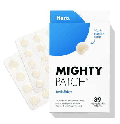 Parche Invisible+ Mighty Patch™ de Hero Cosmetics: parches hidrocoloides diurnos para cubrir granos e imperfecciones, adhesivos ultrafinos para rostro y piel, veganos (39 unidades) (paquete de 1)