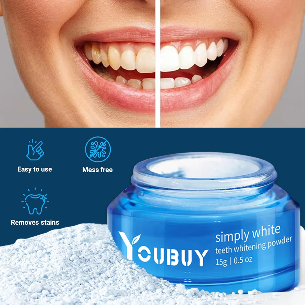 Polvo blanqueador de dientes YOUBUY que reduce las manchas amarillas en los dientes