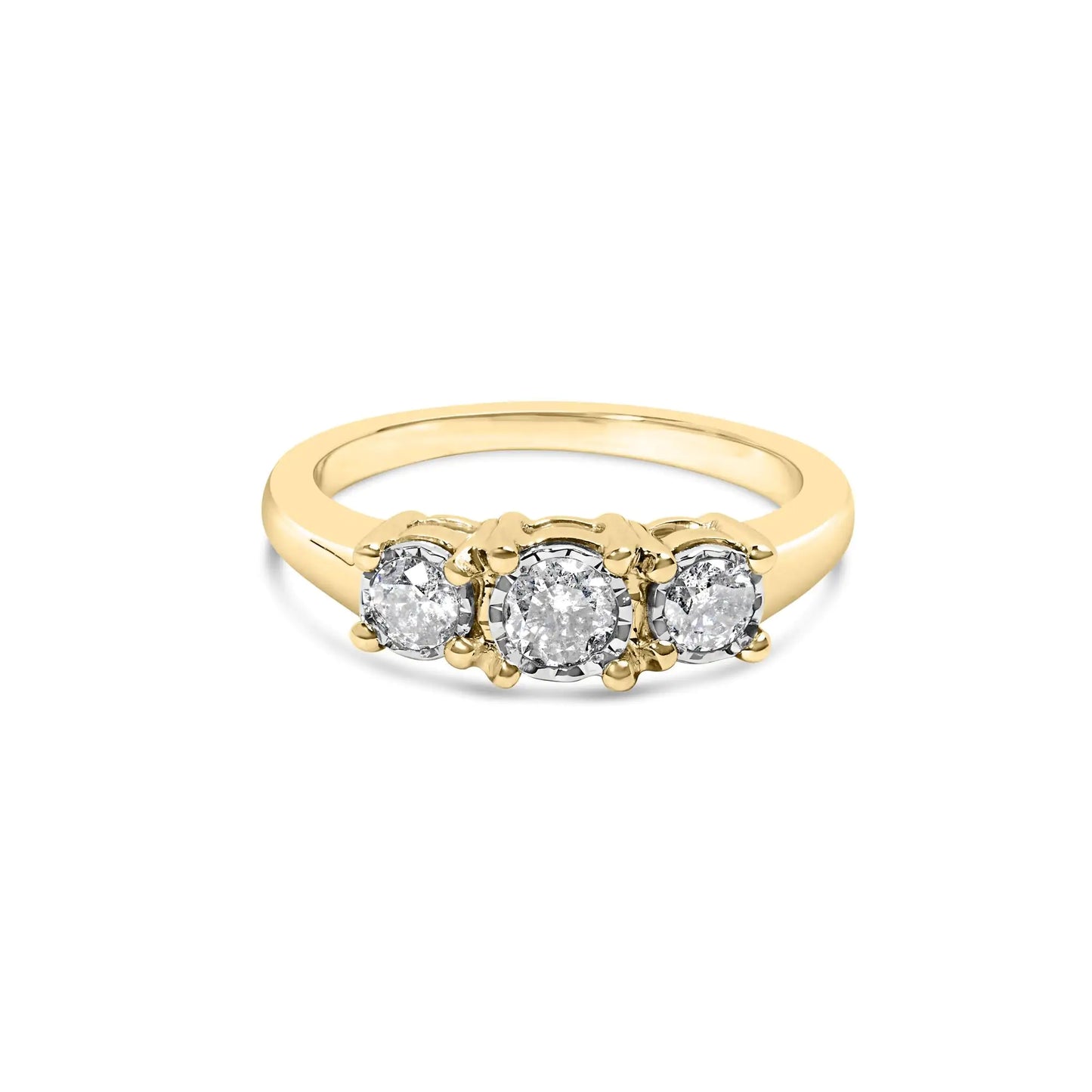 10K Yellow Gold 1/2 Cttw Miracle Set Round Diamond Three Stone Illusion Plate Ring (I-J Color, I2-I3 Clarity)