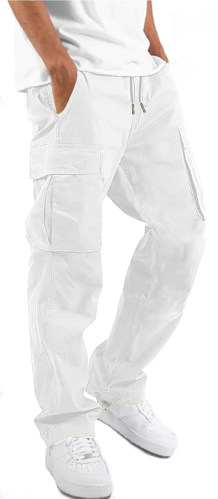 HUNGSON - Pantalones cargo para hombre, informales, para senderismo, jogging, deportivos, de algodón, holgados y rectos, talla 28, color blanco