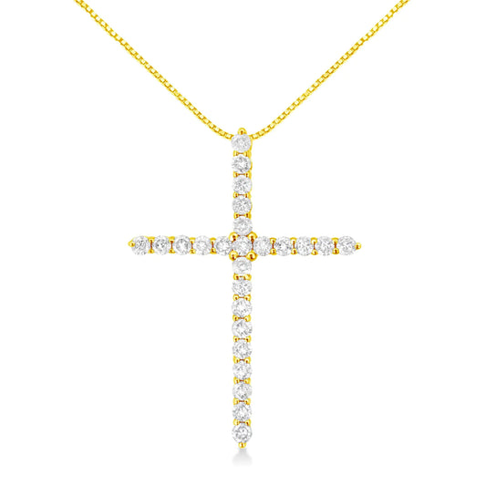 10K Yellow Gold 2.0 Cttw Round Brilliant Cut Diamond Cross Pendant Necklace with Box Chain (J-K Color, I2-I3 Clarity) - 18"