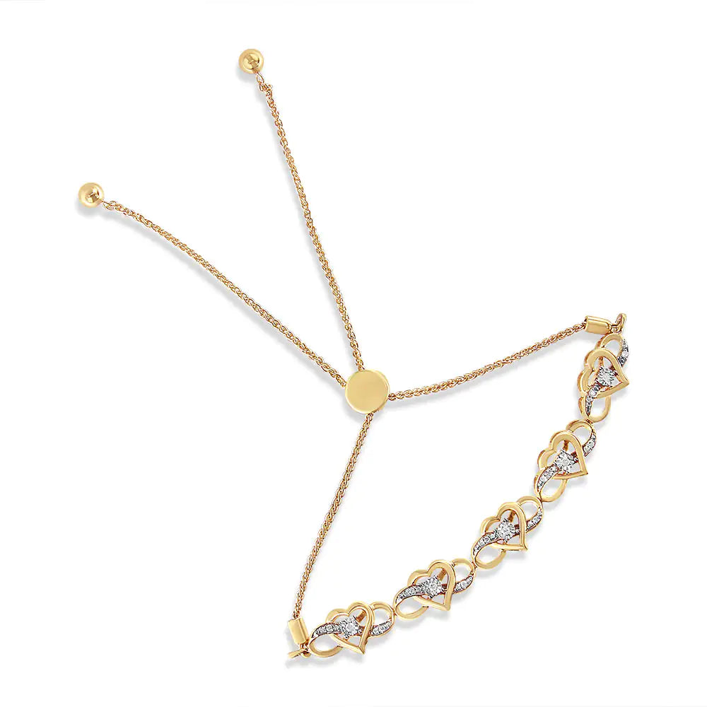 Pulsera bolo ajustable de plata de ley 925 bañada en oro amarillo de 14 quilates con diamantes de 1/10 quilates y forma de corazón infinito de 4" a 10" (color HI, claridad I2-I3)