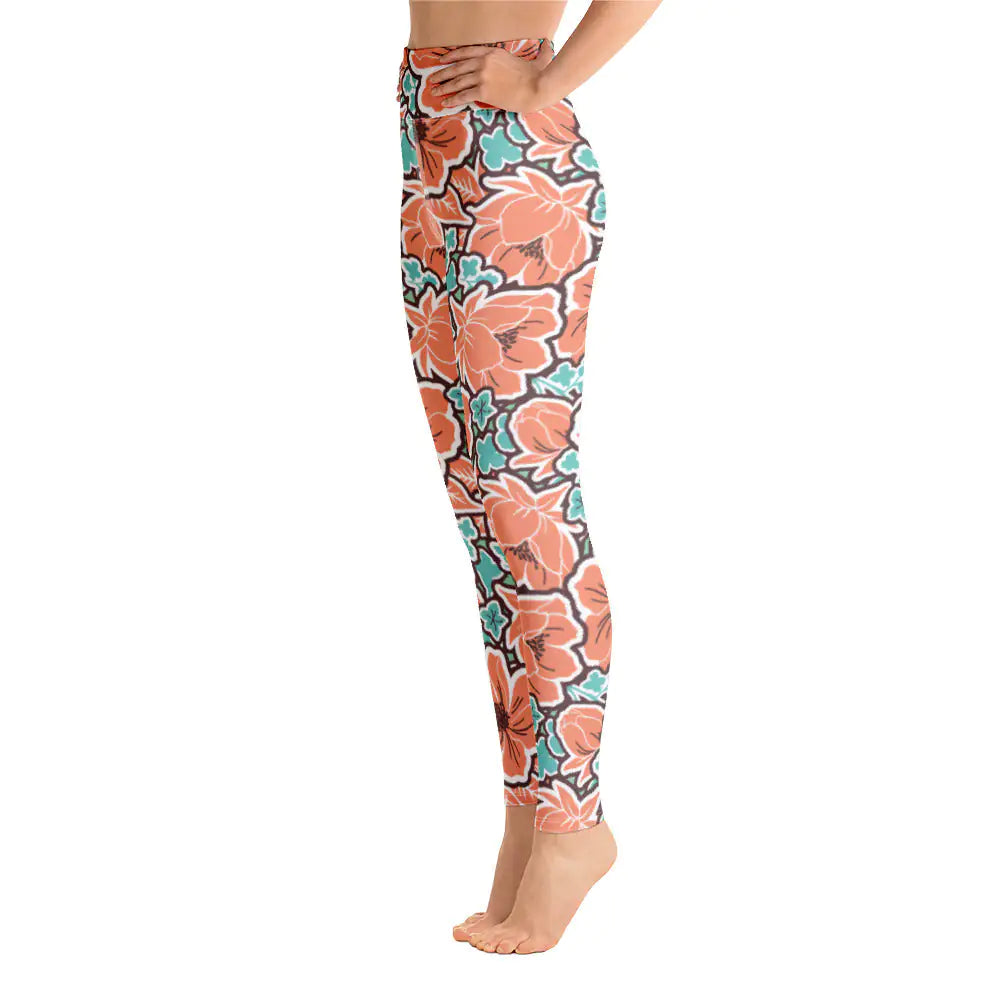 Leggings de yoga con estampado floral rojo tropical para mujer