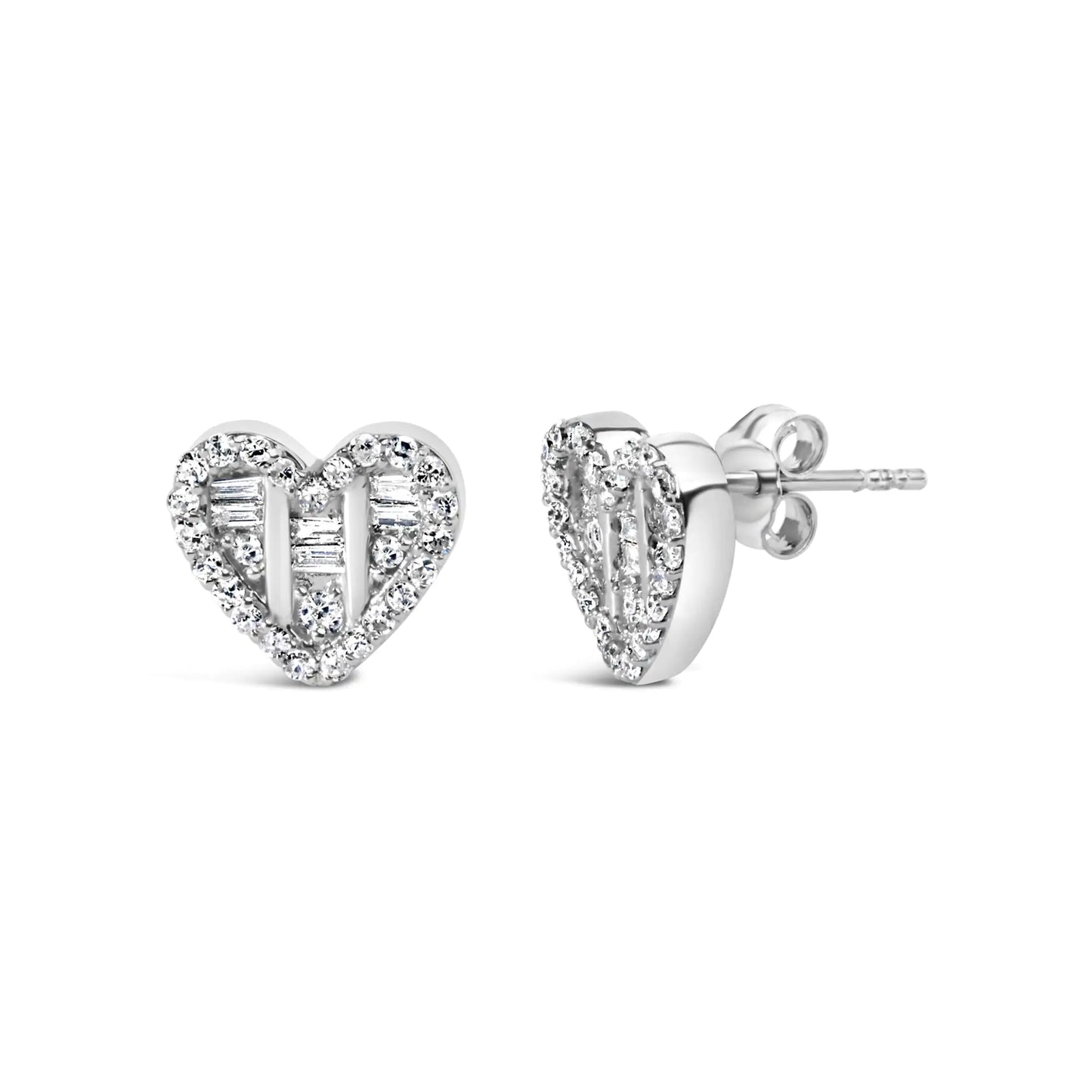 Aretes de plata de ley 925 con diamantes redondos y baguette de 1/2 ct en forma de corazón (color IJ, claridad SI2-I1)