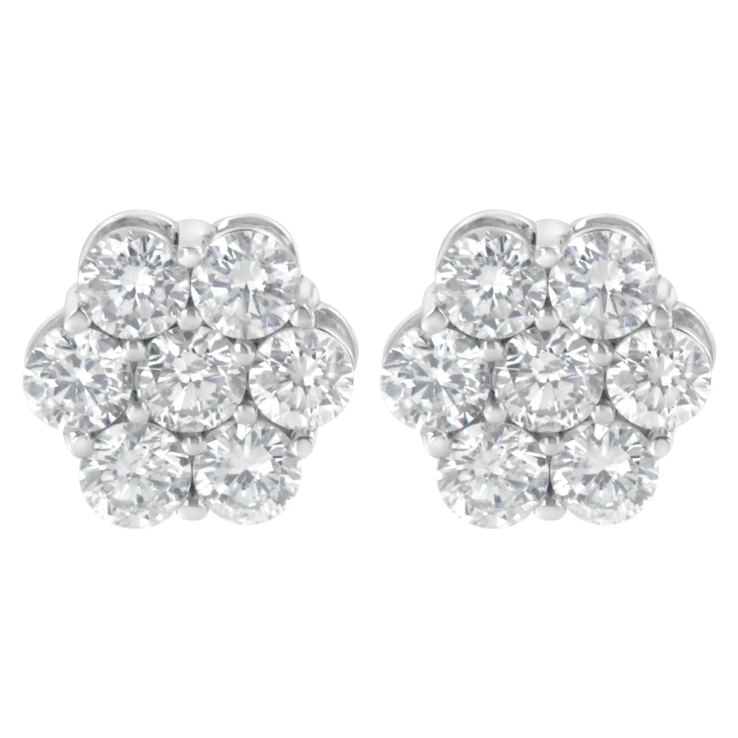 Aretes de oro blanco de 14 quilates con diamantes redondos de talla brillante de 2,0 quilates y cierre de rosca en racimo floral (color HI, claridad SI2-I1)