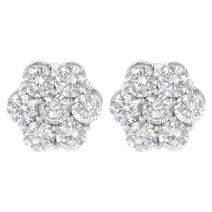 Aretes de oro blanco de 14 quilates con diamantes redondos de talla brillante de 2,0 quilates y cierre de rosca en racimo floral (color HI, claridad SI2-I1)