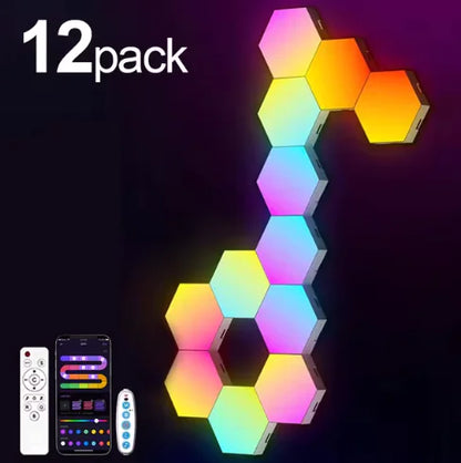 Lámpara de pared hexagonal RGB inteligente: luz ambiental con mudanza de núcleos, sincronización con música y control por aplicación