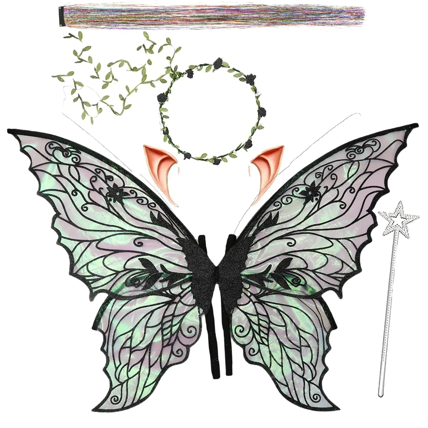 Fairy Wings for voksne og jenter， Fairy-kostymesett med blomsterkrans, eventyrhårglitter, tryllestav og alveører – 19"x24" organza sommerfuglvinger – ideell for cosplay, fest, svart