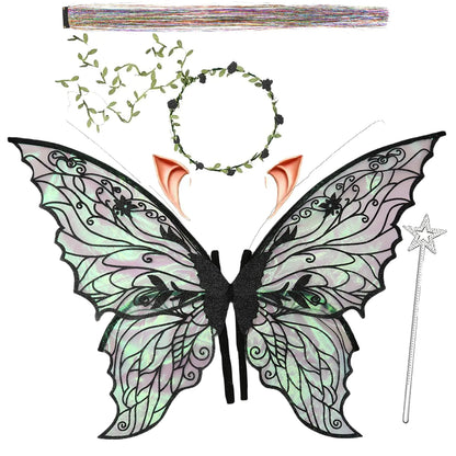 Fairy Wings for voksne og jenter， Fairy-kostymesett med blomsterkrans, eventyrhårglitter, tryllestav og alveører – 19"x24" organza sommerfuglvinger – ideell for cosplay, fest, svart