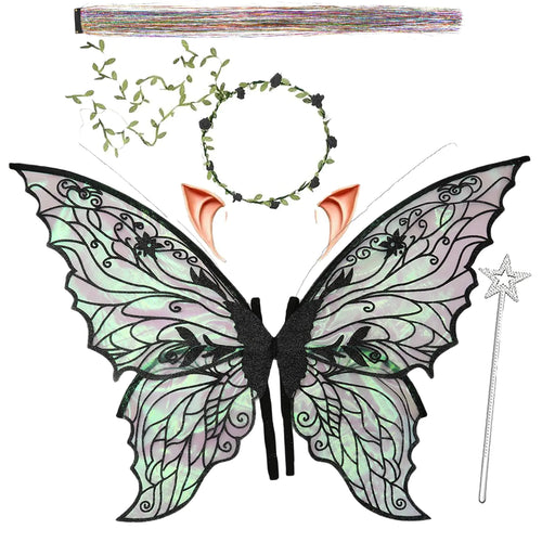 Fairy Wings for voksne og jenter， Fairy-kostymesett med blomsterkrans, eventyrhårglitter, tryllestav og alveører – 19"x24" organza sommerfuglvinger – ideell for cosplay, fest, svart