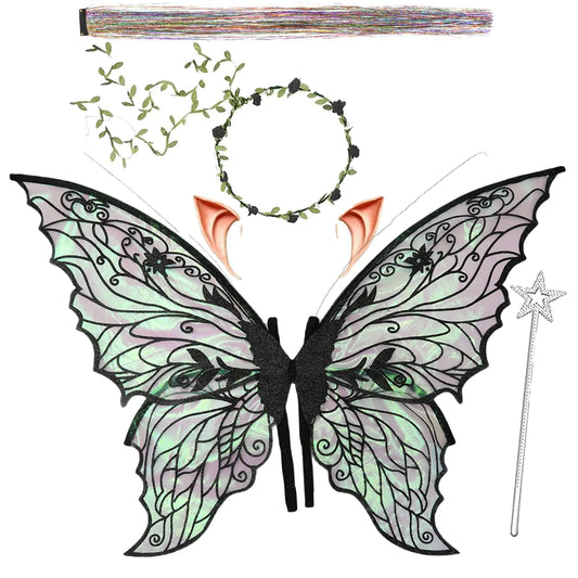 Alas de Hada para Adultos y Niñas, Disfraz de Hada con Guirnalda Floral, Espumillón, Varita y Orejas de Elfo – Alas de Mariposa de Organza de 48 x 61 cm – Ideales para Cosplay y Fiestas, Color Negro