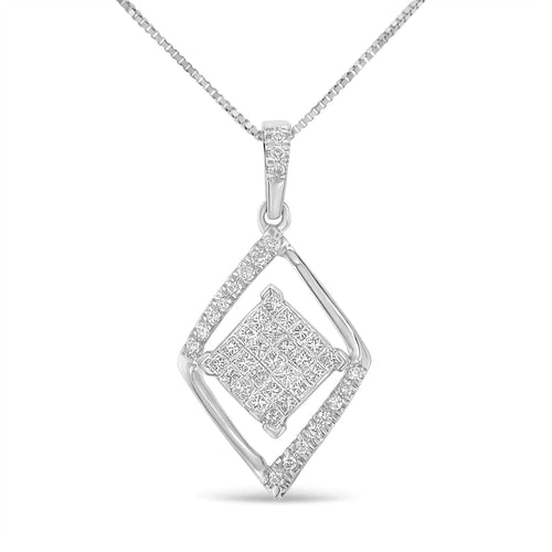 10k White Gold 1/3 Cttw Round and Princess-Cut Diamond Double Triangle 18" Pendant Necklace (H-I Color, SI1-SI2 Clarity)