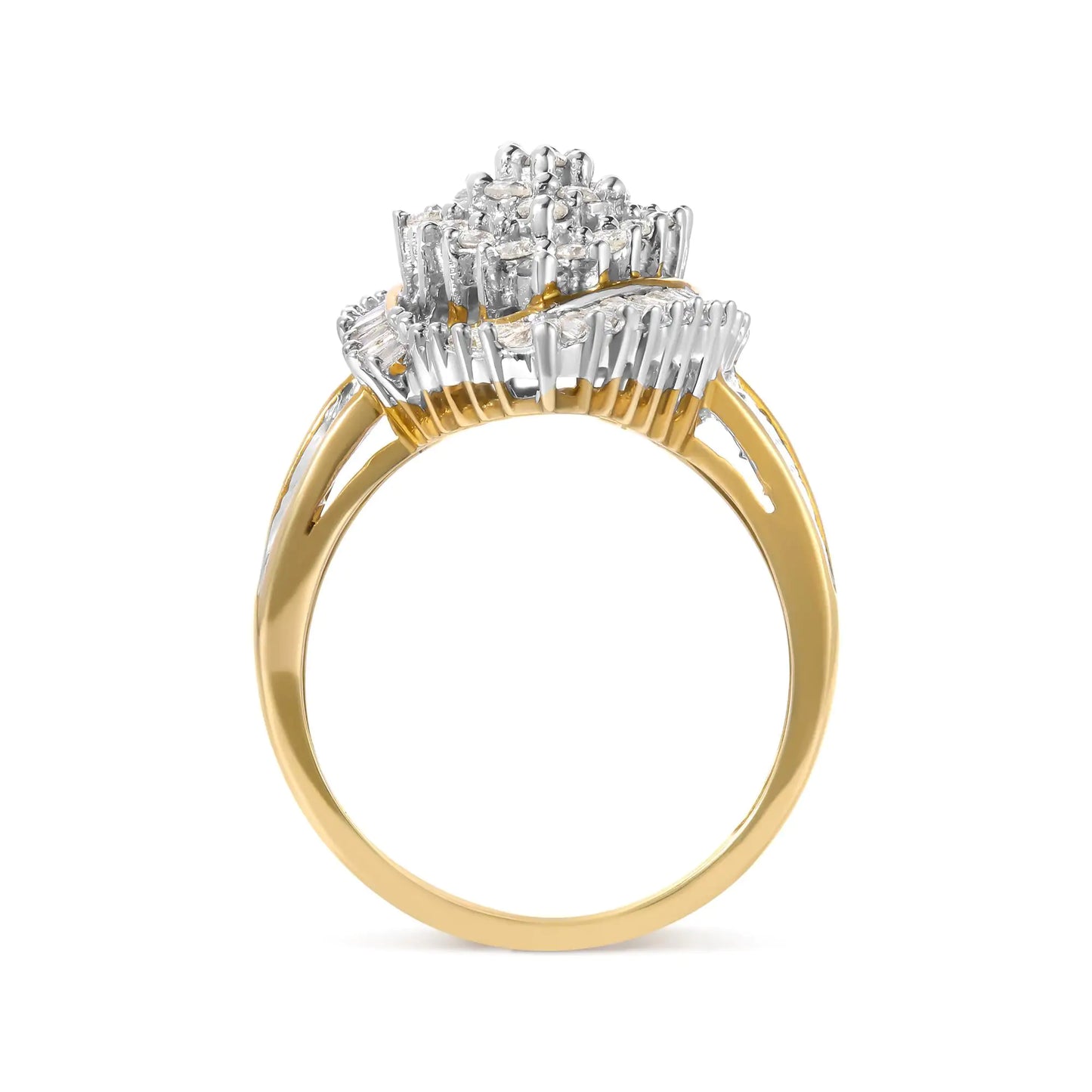 10K Yellow Gold 1.0 Cttw Round and Baguette-Cut Diamond Cluster Ring (I-J Color, SI2-I1 Clarity)