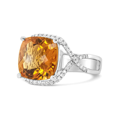 14K White Gold 12mm Cushion Cut Yellow Citrine Gemstone and 1/3 Cttw Round Pave-Set Diamond Ring - (H-I Color, VS1-VS2 Clarity)