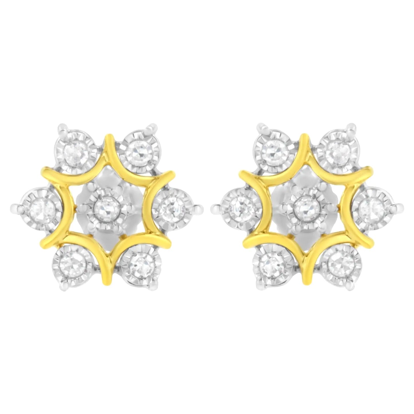 Aretes florales de diamantes de talla redonda con engaste milagroso de 1/4 ct, chapados en oro amarillo de 10 quilates y plata de ley 925 (color IJ, claridad I2-I3)