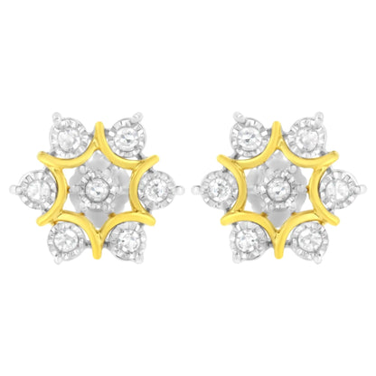 Aretes florales de diamantes de talla redonda con engaste milagroso de 1/4 ct, chapados en oro amarillo de 10 quilates y plata de ley 925 (color IJ, claridad I2-I3)