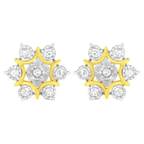 Aretes florales de diamantes de talla redonda con engaste milagroso de 1/4 ct, chapados en oro amarillo de 10 quilates y plata de ley 925 (color IJ, claridad I2-I3)