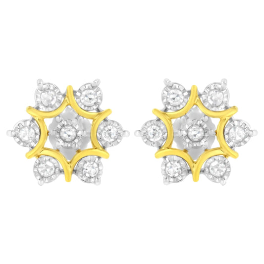 Aretes florales de diamantes de talla redonda con engaste milagroso de 1/4 ct, chapados en oro amarillo de 10 quilates y plata de ley 925 (color IJ, claridad I2-I3)