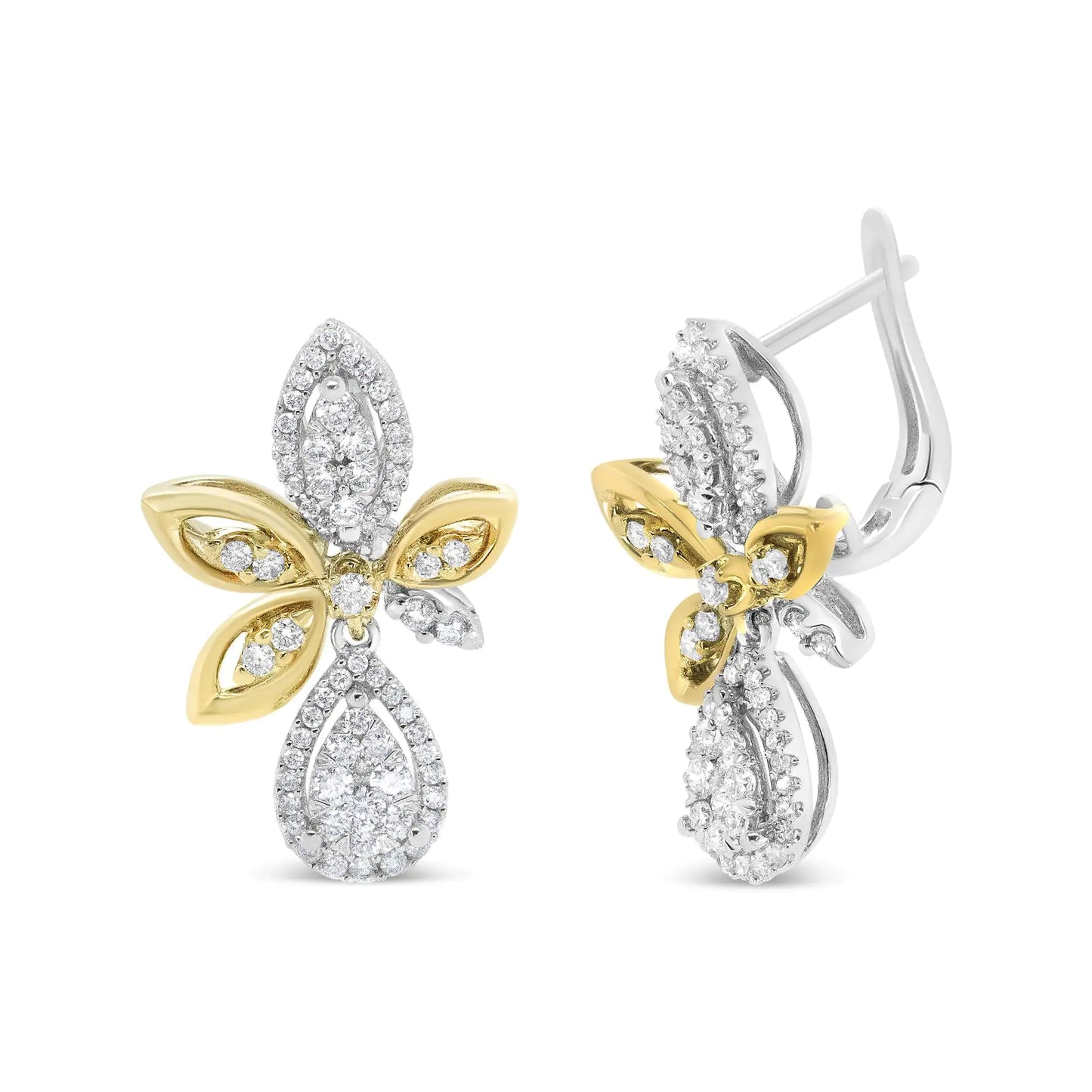 Pendientes colgantes de oro blanco y amarillo de 14 quilates con diamantes redondos engastados en pavé, forma de lágrima y marquesa (color HI, claridad SI1-SI2)