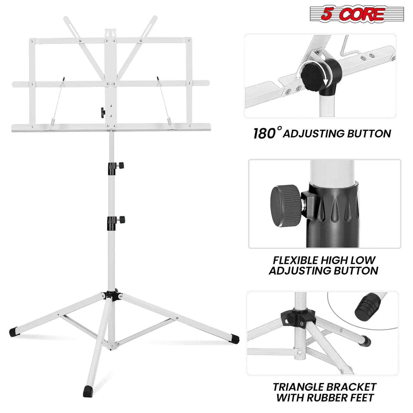 Soporte de Música 5Core para Partituras Portátil Tripé Ajustável Dobrável Porta-Notas BRANCO