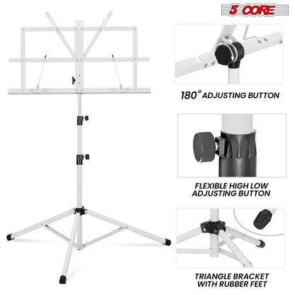 Soporte de Música 5Core para Partituras Portátil Tripé Ajustável Dobrável Porta-Notas BRANCO