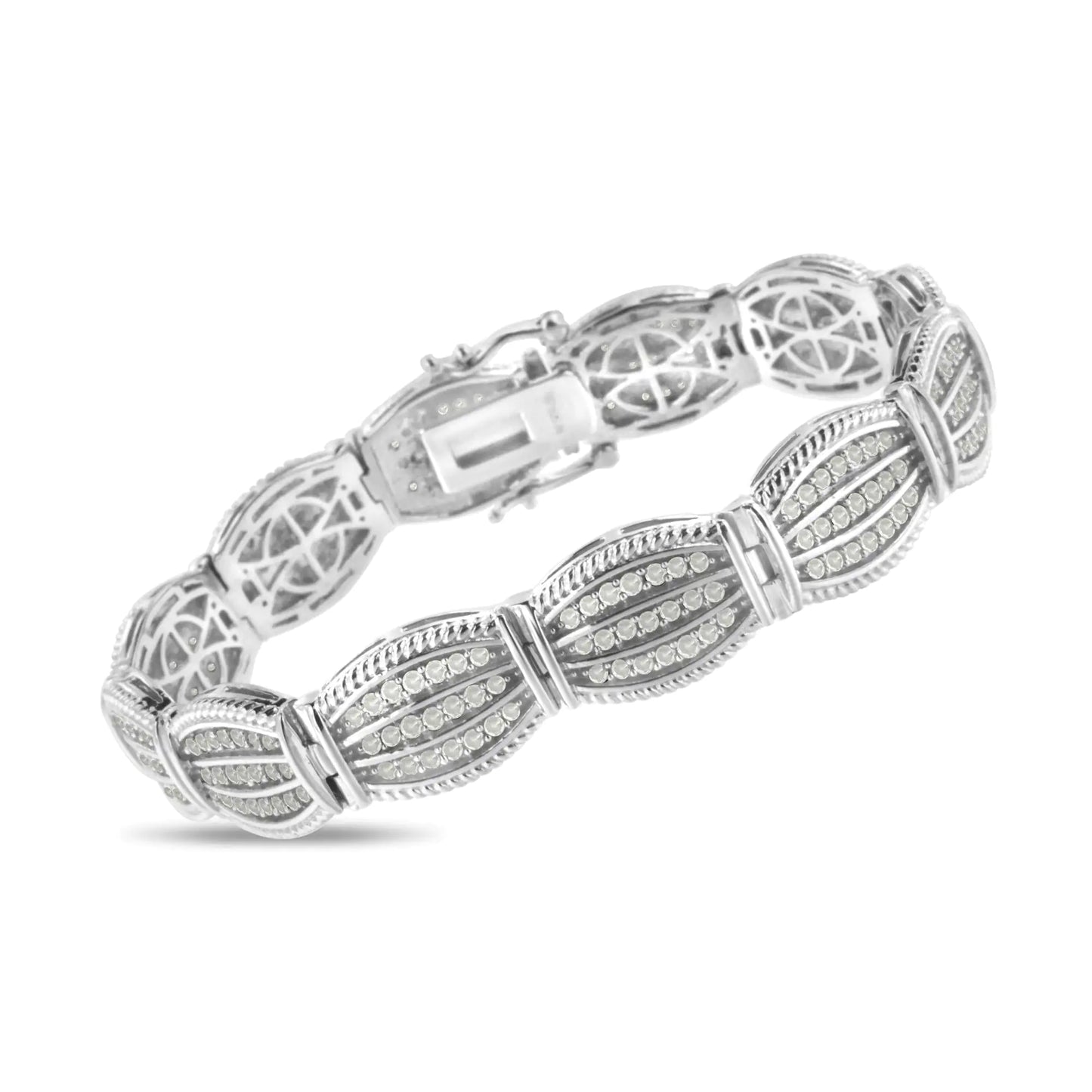 .925 Sterling Silver 3 cttw Diamond Art-Deco Style Link Bracelet (I-J, I2-I3) - Size 7.25"