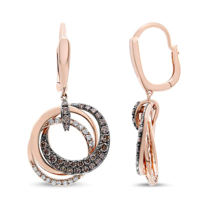 Aros y aretes colgantes circulares entrelazados de diamantes blancos y marrones de 1,00 ct en oro rosa de 14 quilates (color marrón HI, claridad SI1-SI2)