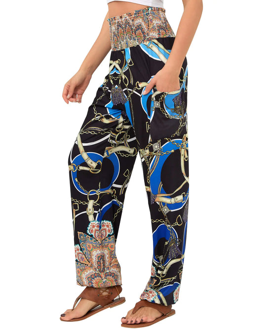 Pantalones harén QIANXIZHAN para mujer, pantalones bohemios de yoga de cintura alta con bolsillos y cadena grande azul