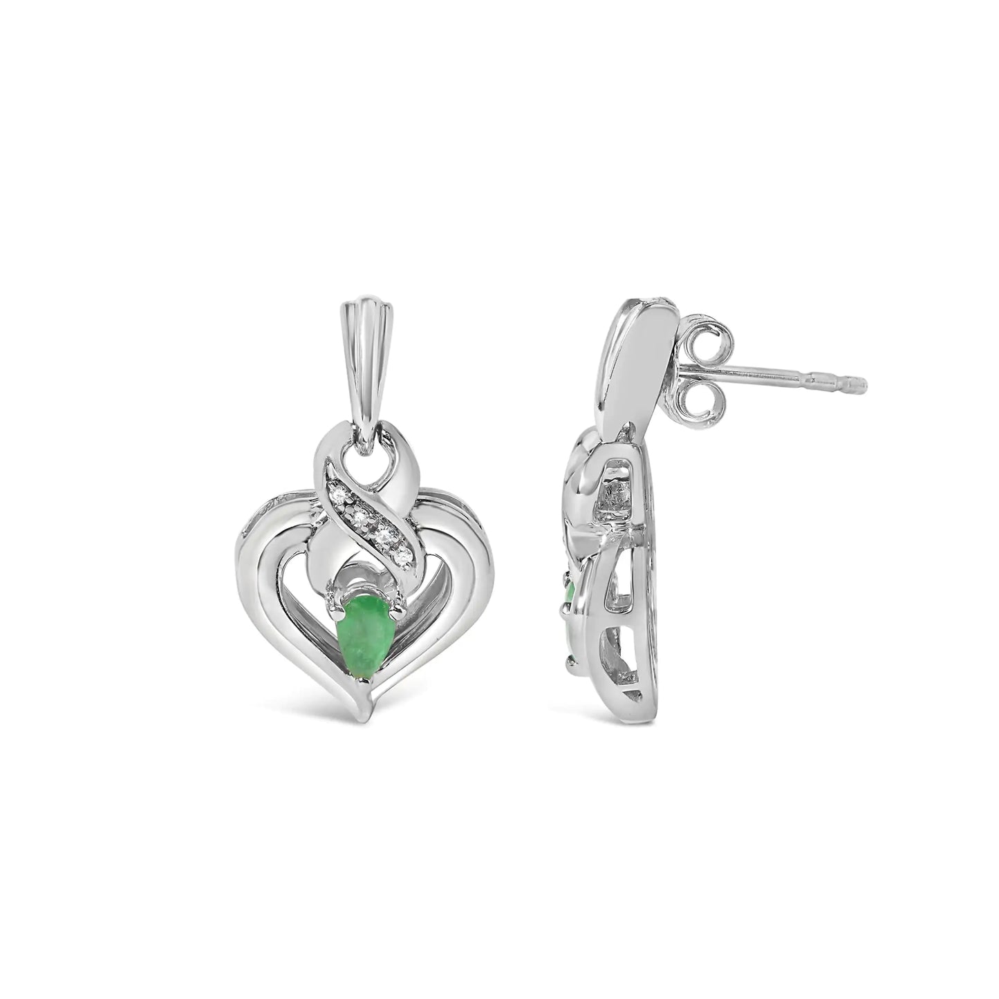 Pendientes colgantes de corazón con gema esmeralda en forma de pera de 5 x 3 mm y detalle de diamante en plata de ley 925 (color HI, claridad SI1-SI2)