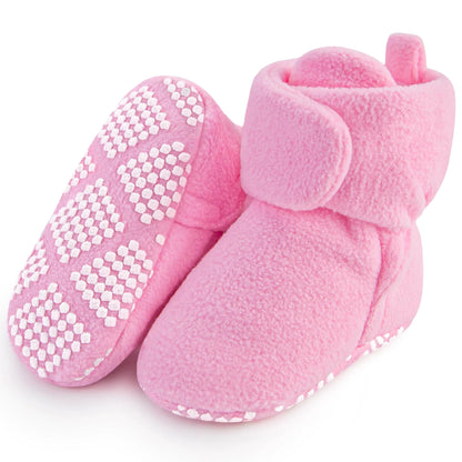 Patucos de forro polar Pro Goleem para bebé, pantuflas cálidas y acogedoras, fáciles de poner, unisex, suaves, antideslizantes y ajustables, para recién nacidos de 3 a 6 meses, color rosa.