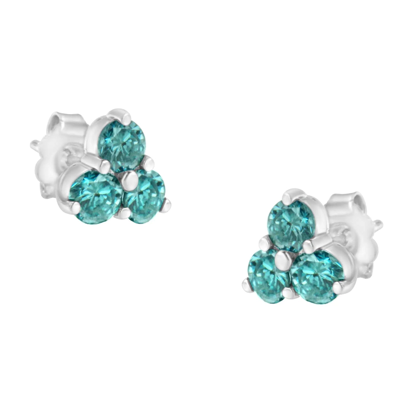 Aretes tipo botón con trío de diamantes azules tratados en oro blanco de 14 kt (1 1/3 ct, azules)