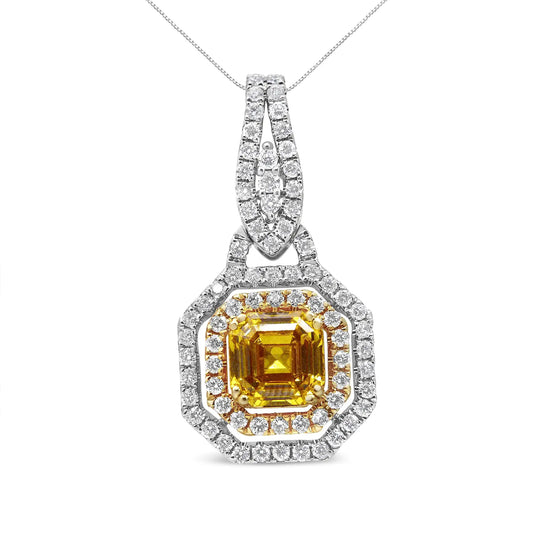 Collar con colgante de 45,7 cm en oro blanco y amarillo de 18 quilates con halo de diamantes Asscher amarillos cultivados en laboratorio de 2 3/5 quilates (color amarillo/GH, claridad VS1-VS2)