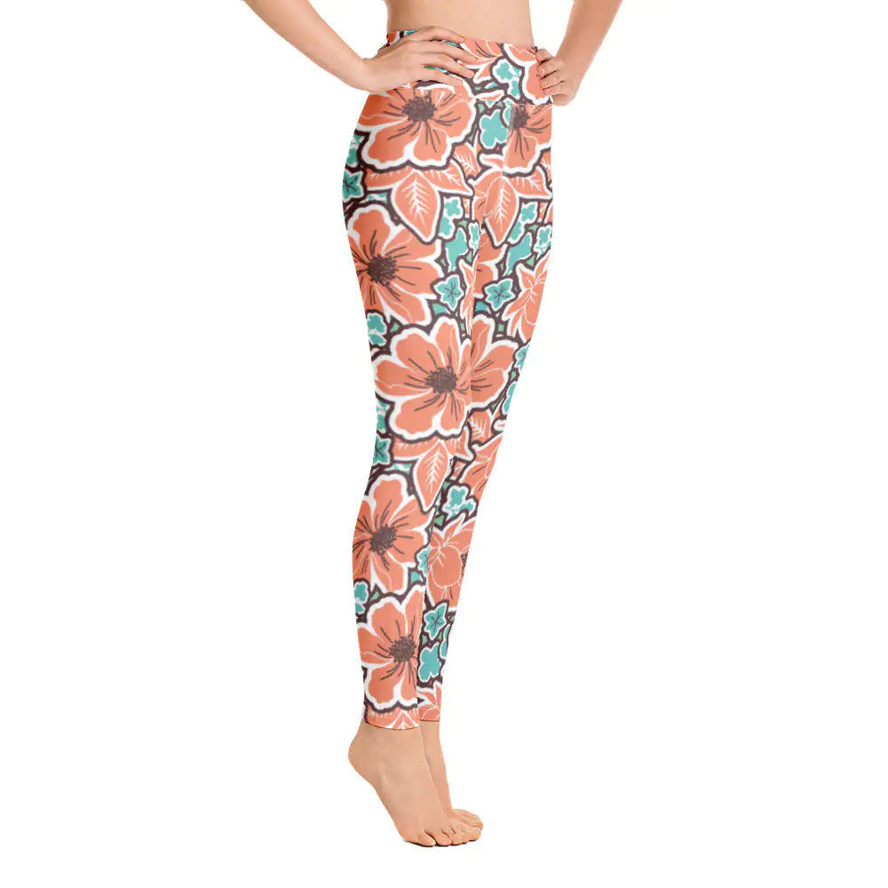 Leggings de yoga con estampado floral rojo tropical para mujer