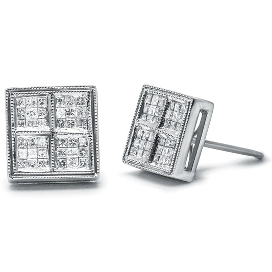 14K White Gold 1/2 Cttw Princess Diamond Composite Box Shape Milgrain Stud Earrings (H-I Color, SI1-SI2 Clarity)